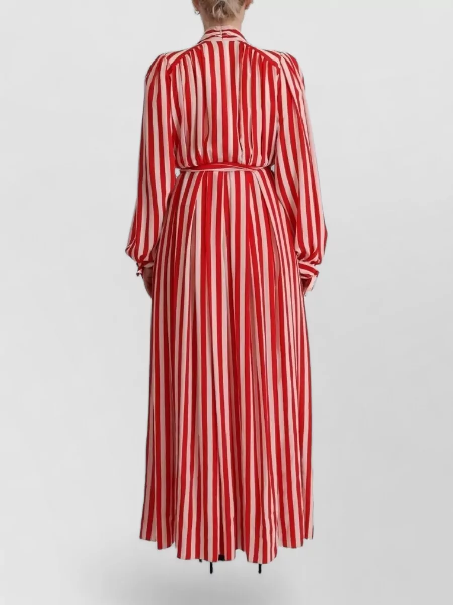 Dolce&Gabbana Silk Striped Collared Long-Sleeve Tie-Waist Maxi Dress