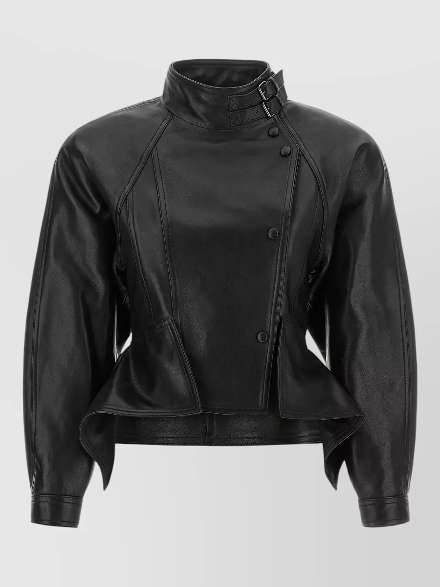 Balmain leather asymmetric peplum high neck jacket