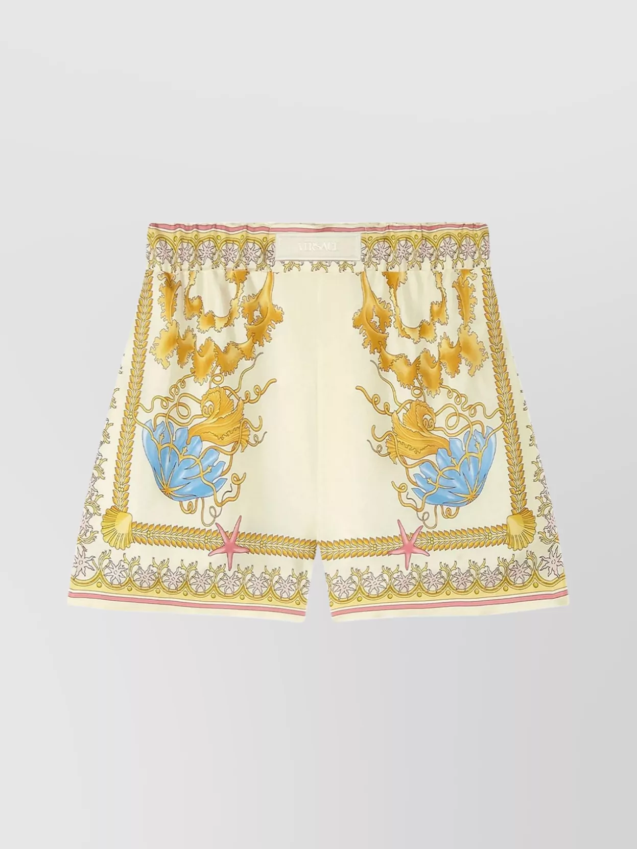 Versace Multicolor Shorts With Elastic Waist And All-over Underwater Barocco Print In Silk Woman In Gold