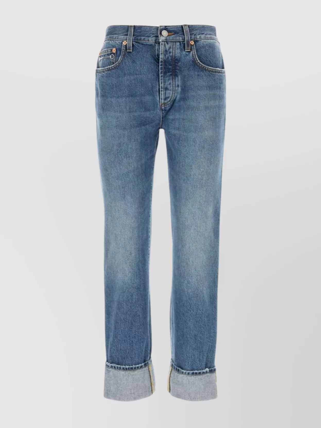 Shop Gucci Denim Trousers With Back Patch Pockets In Blue