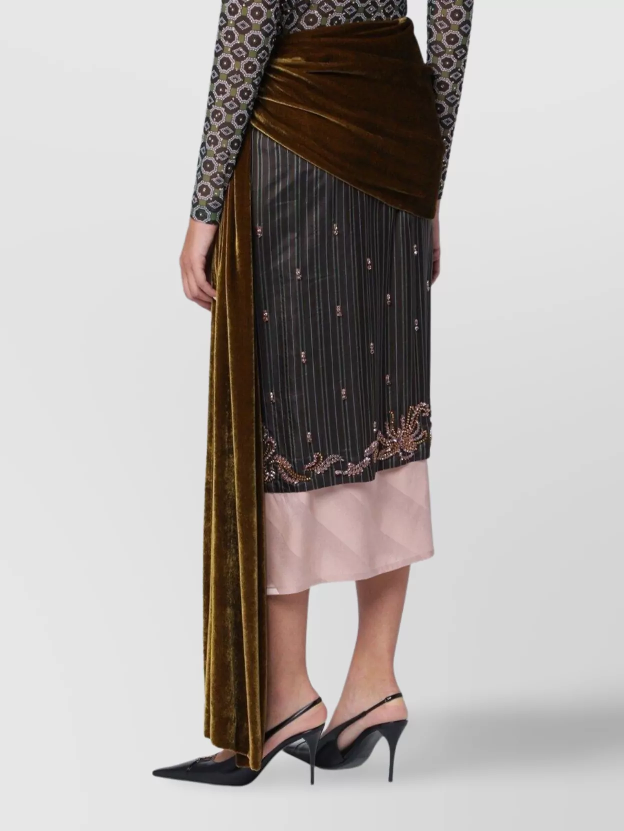 Dries Van Noten Asymmetric Silk And Velvet Wrap Skirt In Multi
