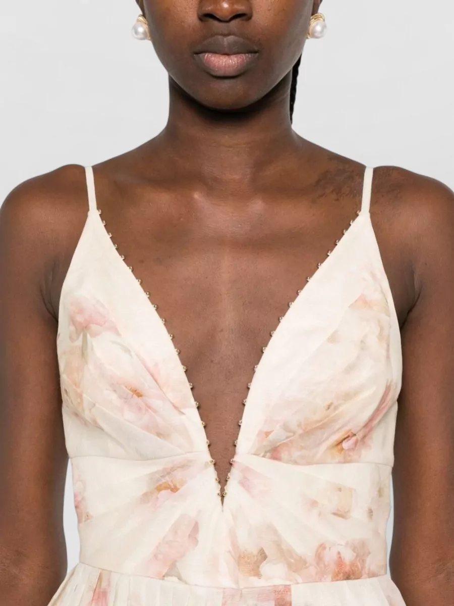 Zimmermann Linen Silk Floral Print V Neck Mini Dress