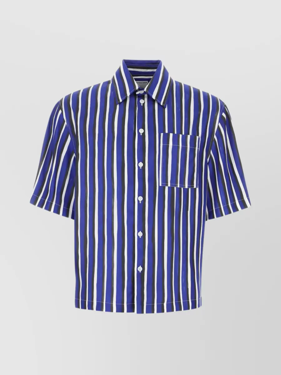 Shop Bottega Veneta Striped Viscose Blend Shirt With Point Collar In Blue