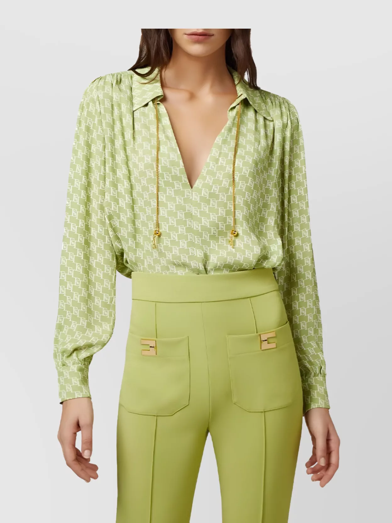 Elisabetta Franchi Printed Chain Detail V-Neck Tops