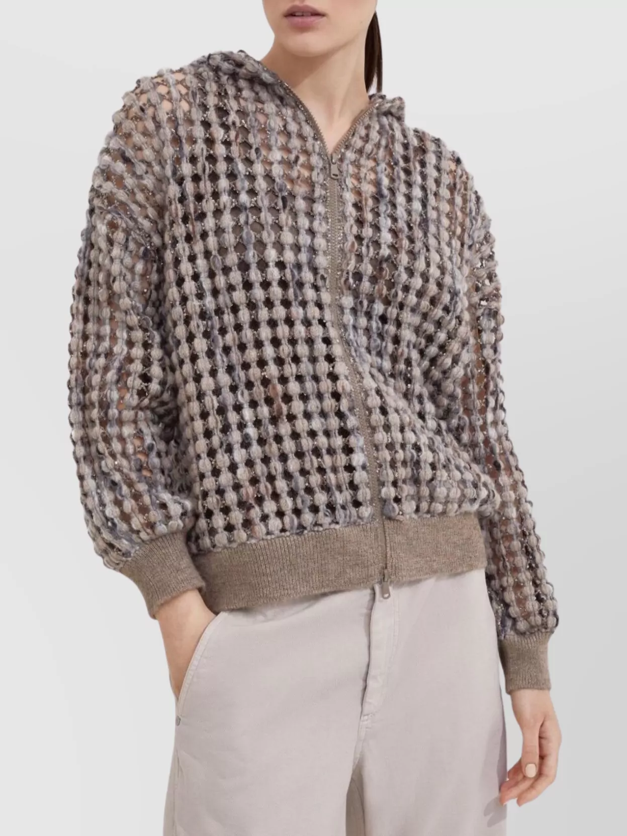 Brunello Cucinelli Pailette Wool-cashmere Net Balloon-sleeve Zip Hoodie In Neutral