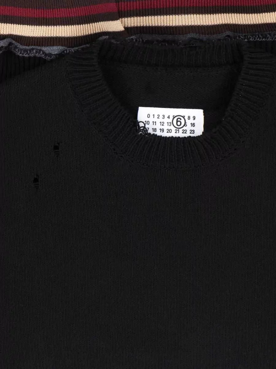 Mm6 Maison Margiela Crew Neck Sweater Distressed Striped Hem