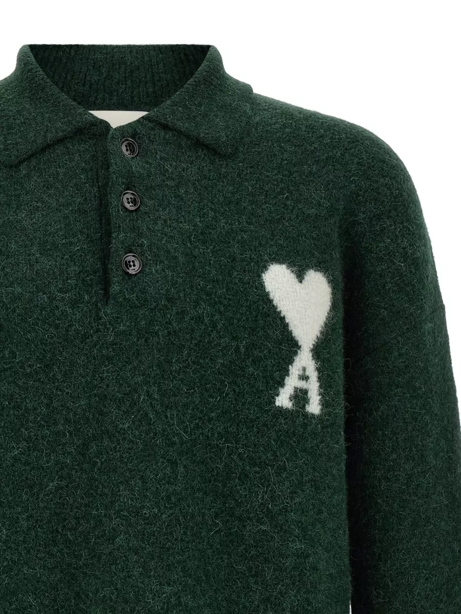 Ami Paris Alpaca Wool Ribbed Long-Sleeve Polo Sweater