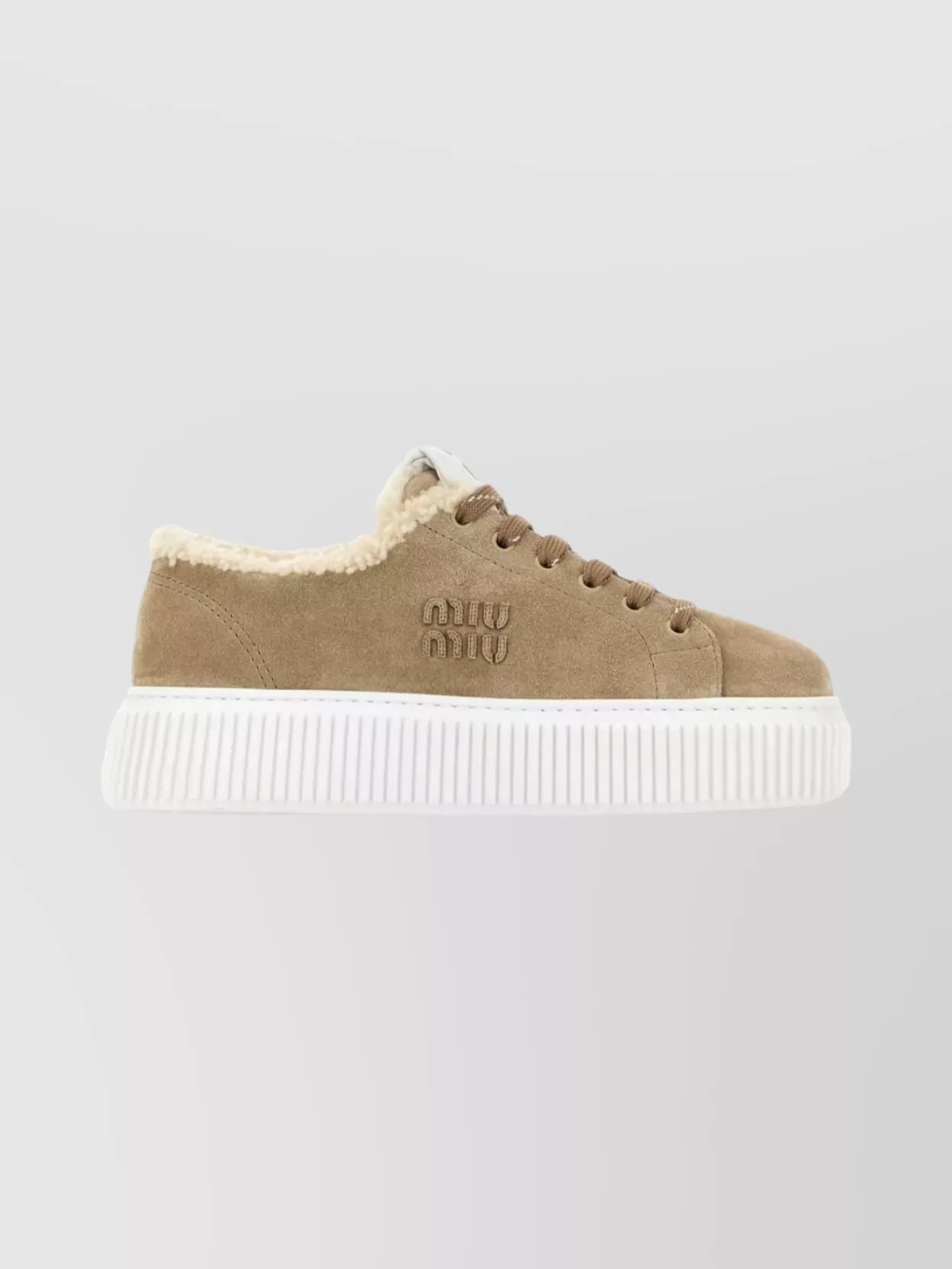 Miu Miu Suede Platform Sneakers Featuring Shearling Trim In Brown