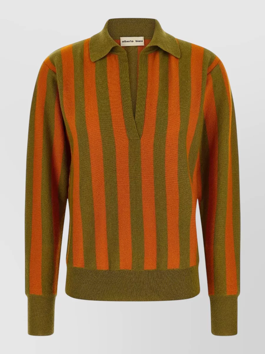 Alberto Biani Cashmere Striped Long-Sleeve Polo Top