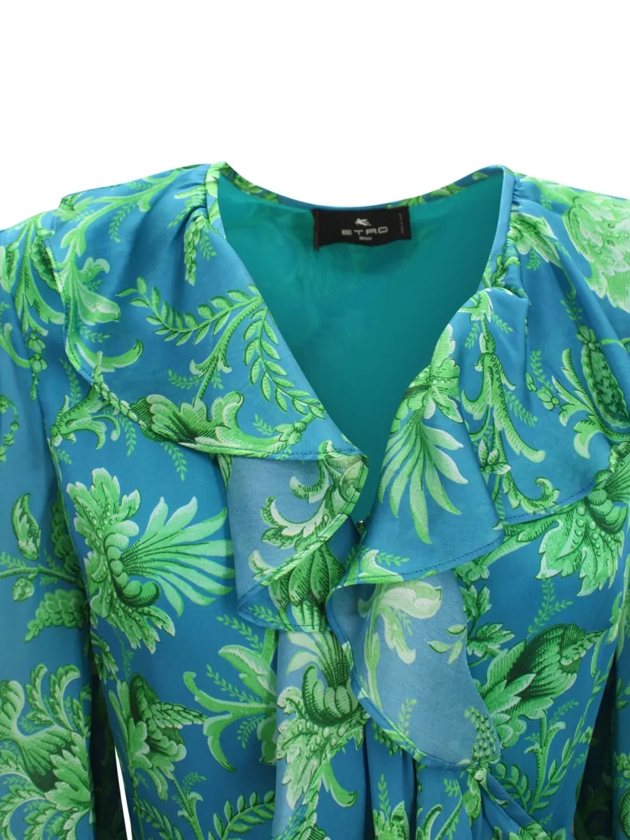 Etro Silk Floral-Print Ruffled V-Neck Long-Sleeve Wrap Maxi Dress
