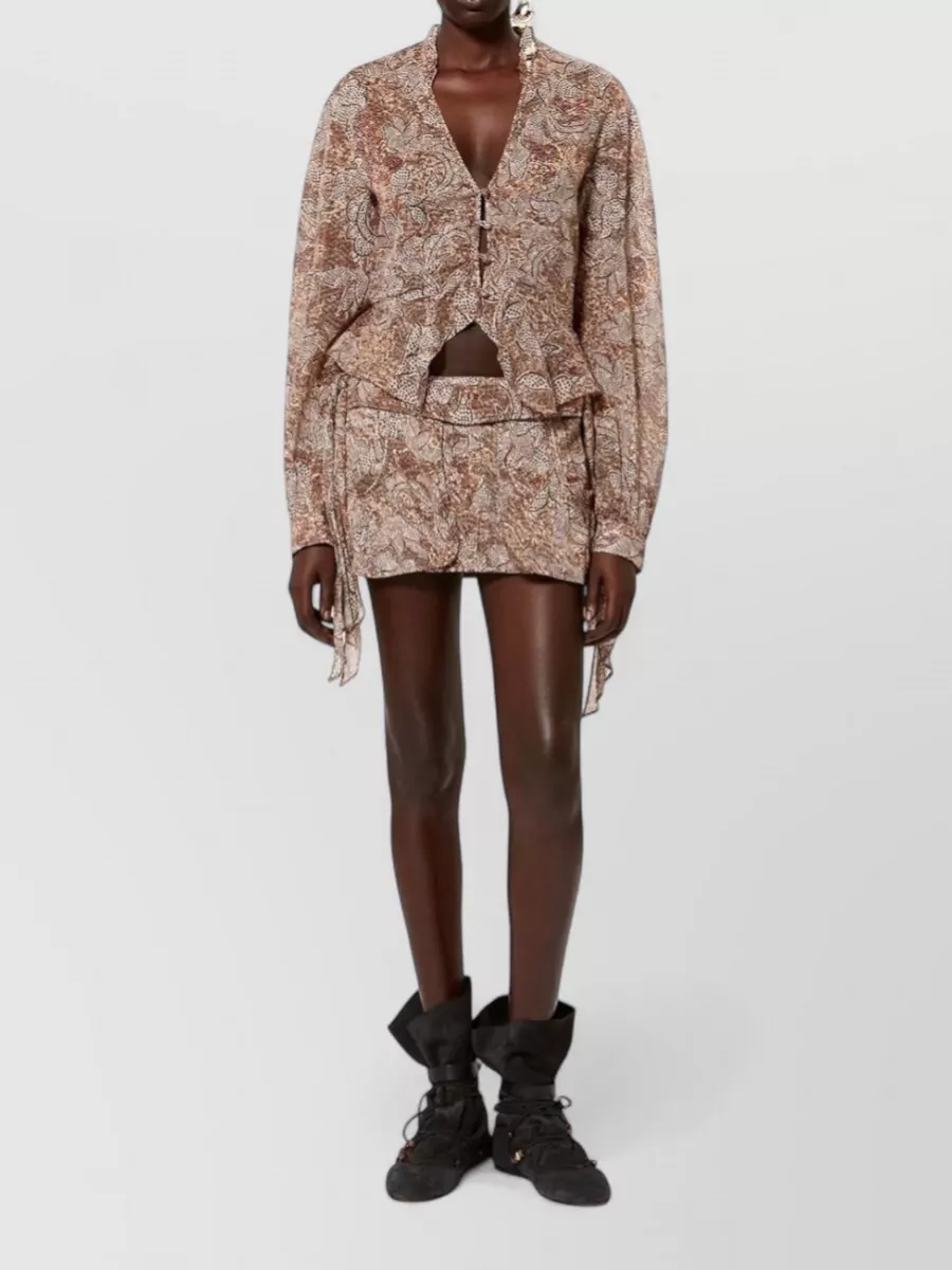 Isabel Marant Cotton Floral-Print Cropped V-Neck Ruffled Long-Sleeve Blouse