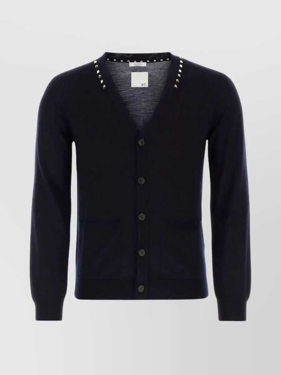 Shop Valentino Studded Wool Cardigan With Patch Pockets In Blue