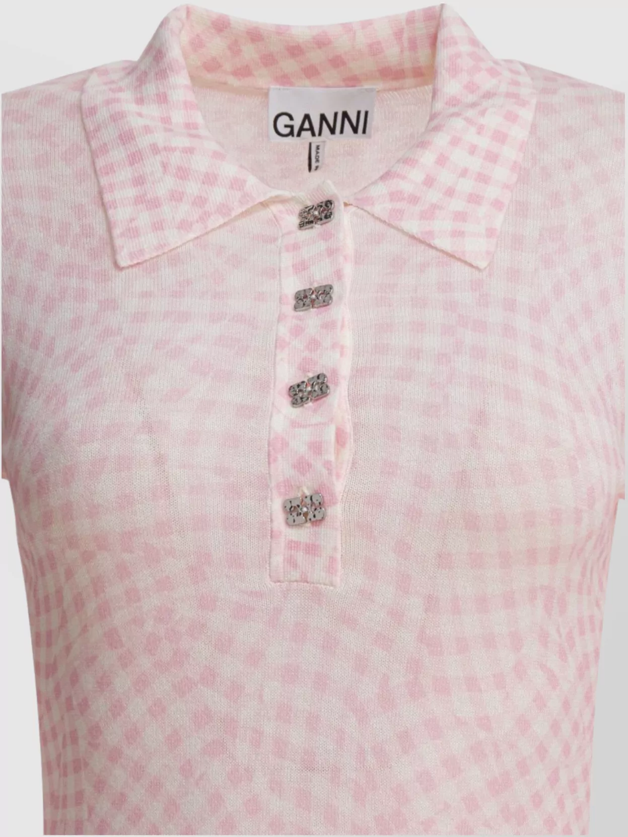 Ganni Checkered Pattern Ribbed Hem Short Sleeves Polo