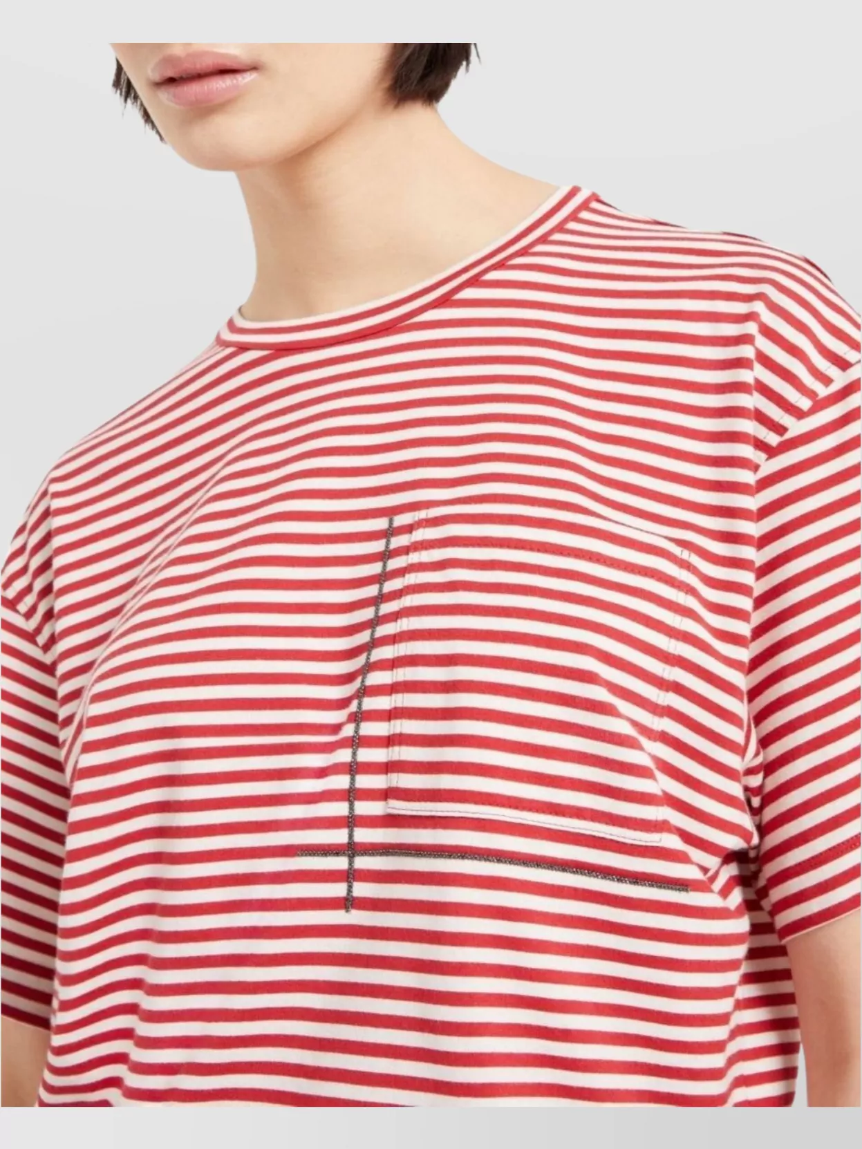 Brunello Cucinelli Red Crewneck T-shirt With All-over Striped Motif And Jewel Detail On The Front In