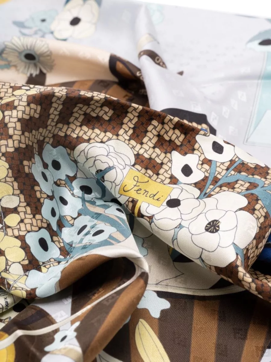 Fendi Floral-Print Logo-Print Silk Foulard