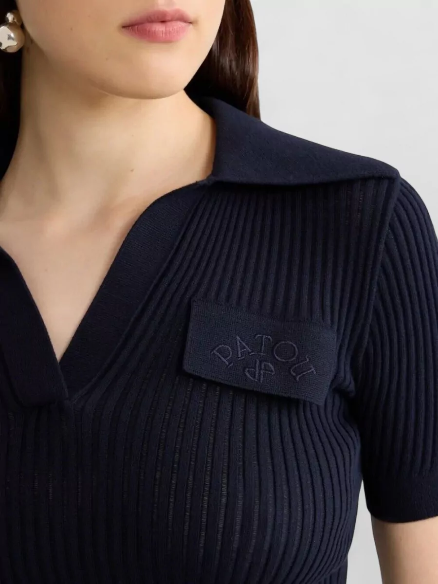 Patou Cotton Polo Shirt Ribbed Collar V Neck