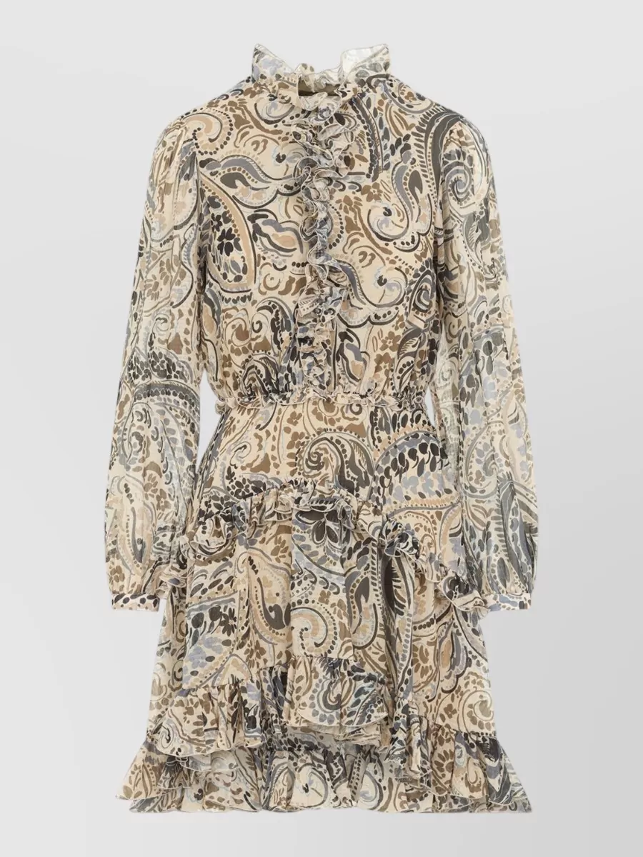 Etro paisley ruffled high-neck long-sleeve mini dress
