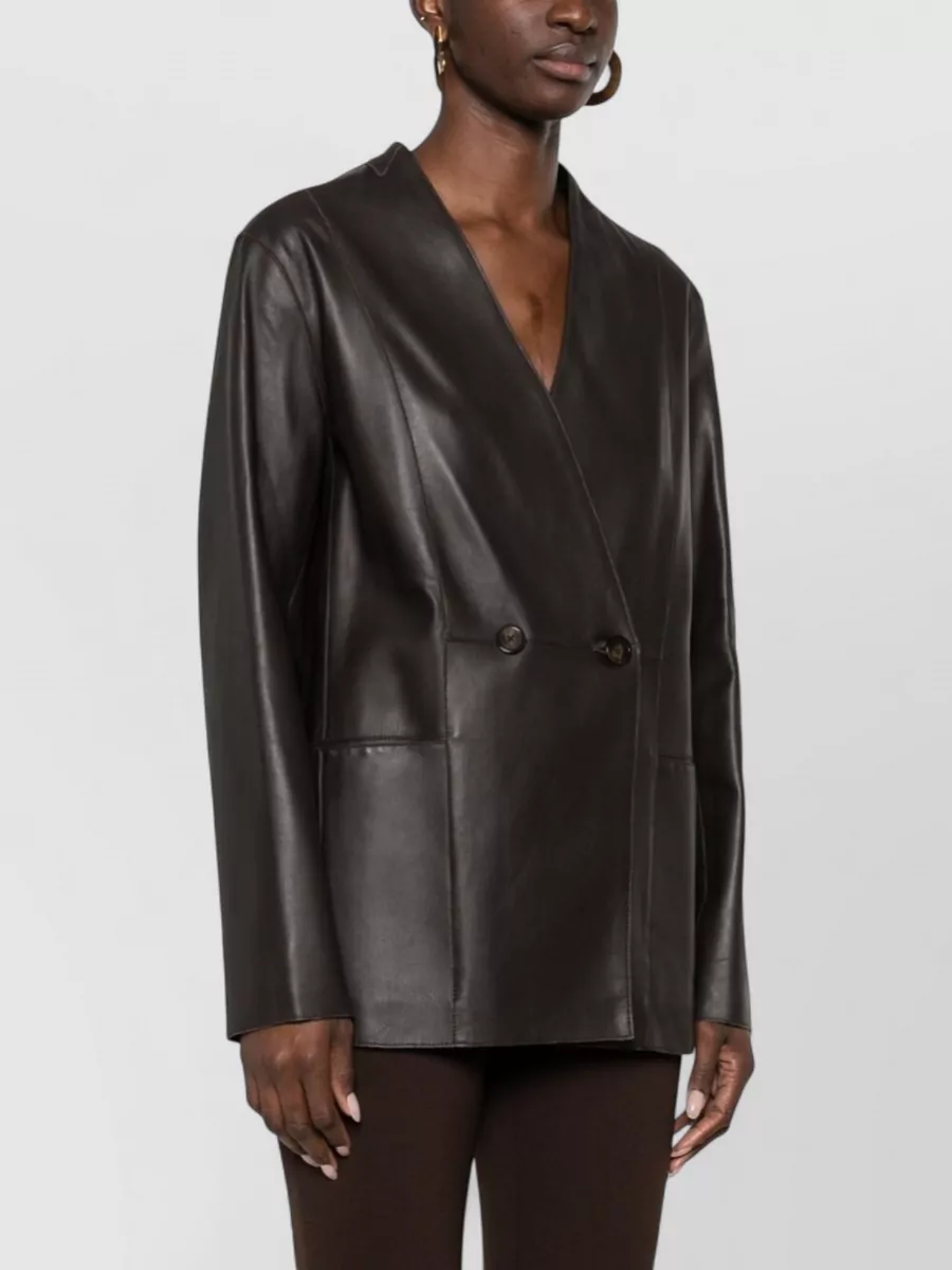 Emporio Armani Leather Blazer Jacket V Neck Long Sleeves