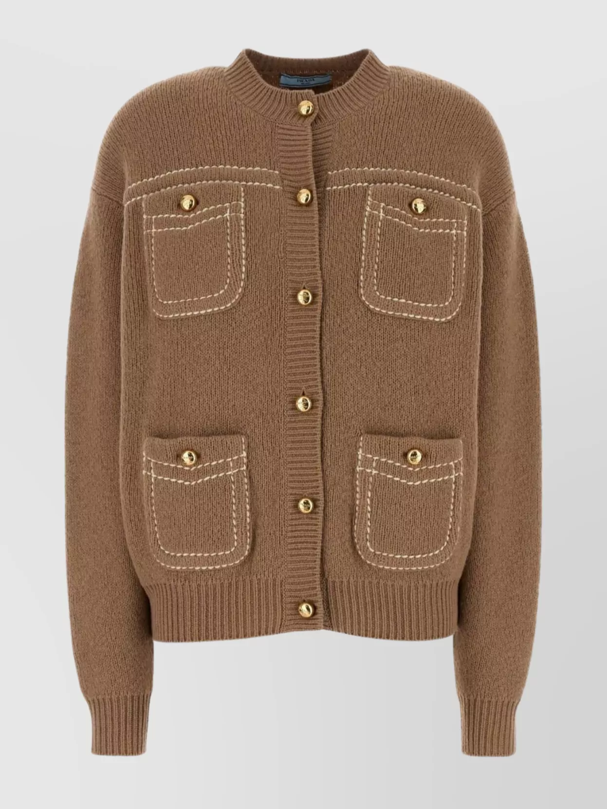 Prada Cardigan Cashmere Patch Pockets Cuffs Hem In Brown