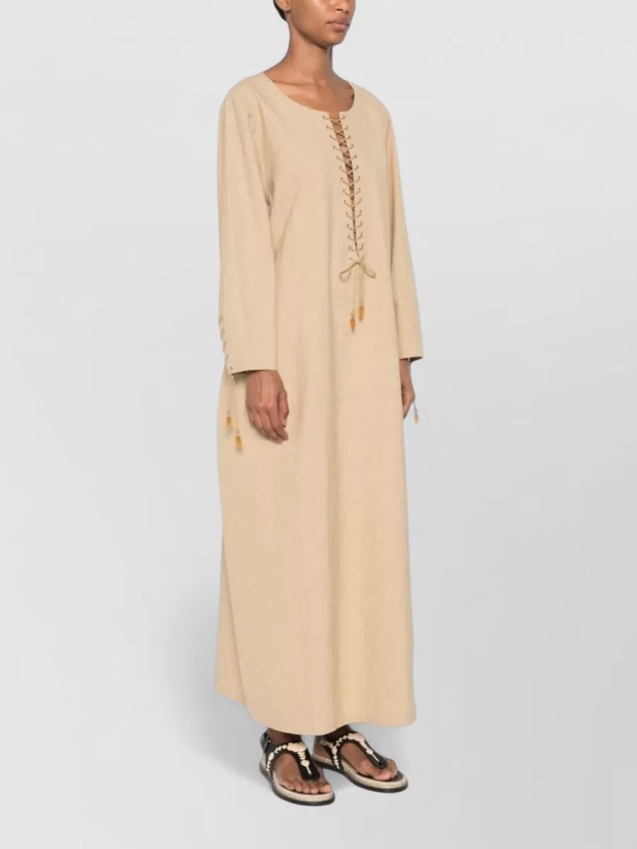 Tory Burch Linen Lace-Up Long-Sleeve Maxi Dress