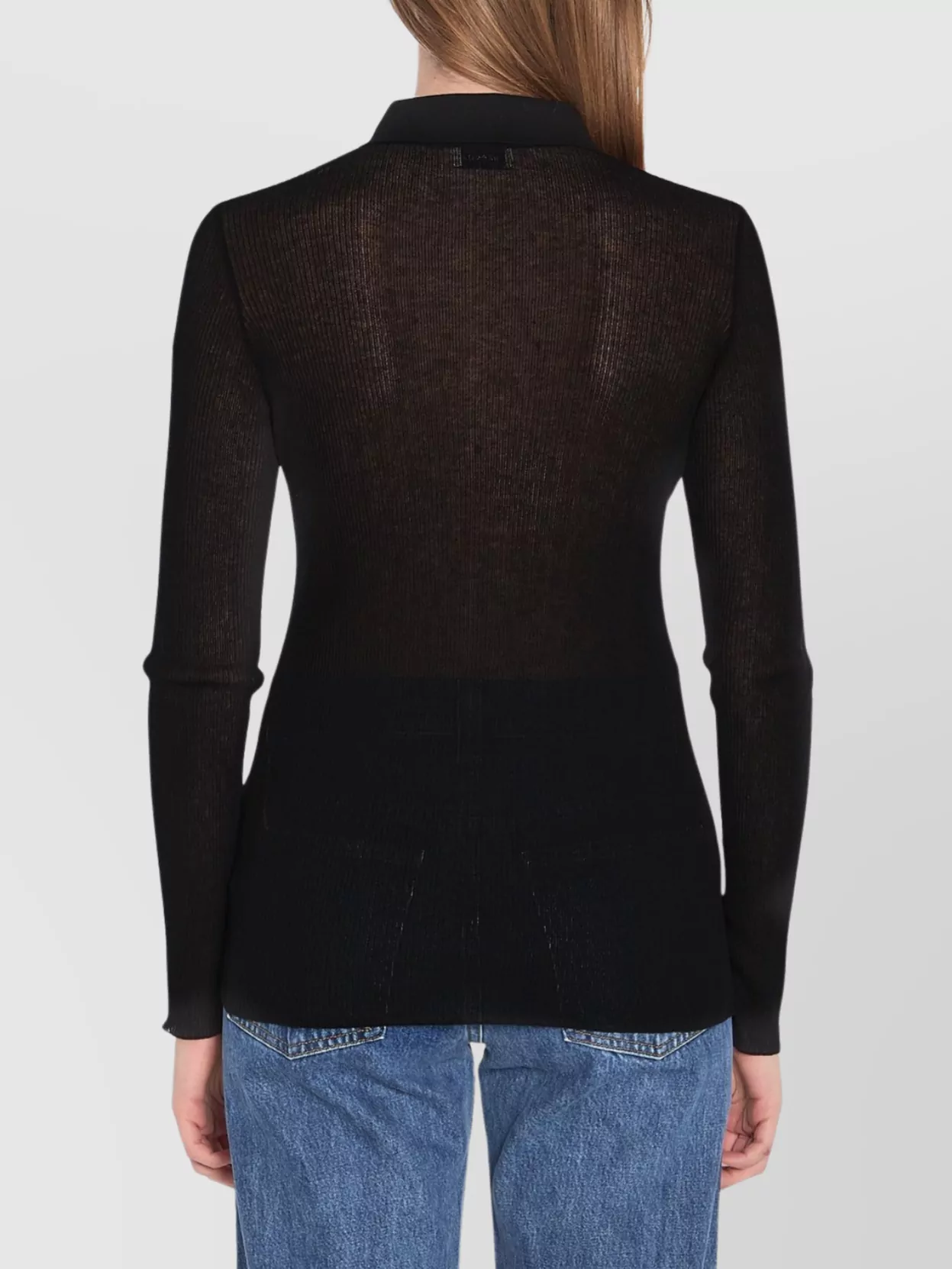 Moncler Sheer Ribbed Cotton Long-sleeve Polo In Black