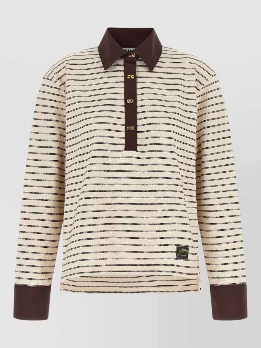 Ganni striped cotton long-sleeve polo shirt