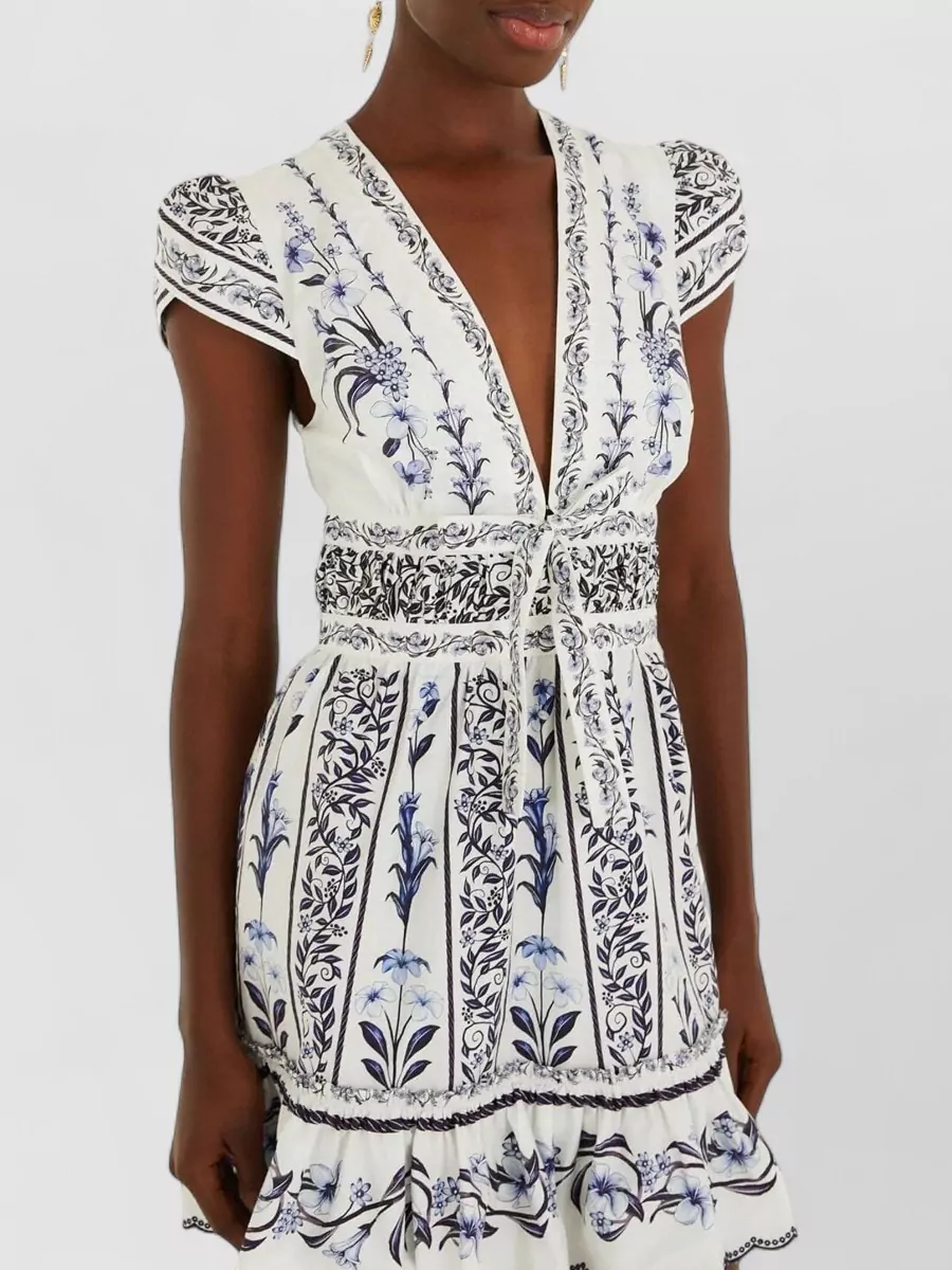 Farm Rio Cotton V-Neck Ruffled Mini Dress