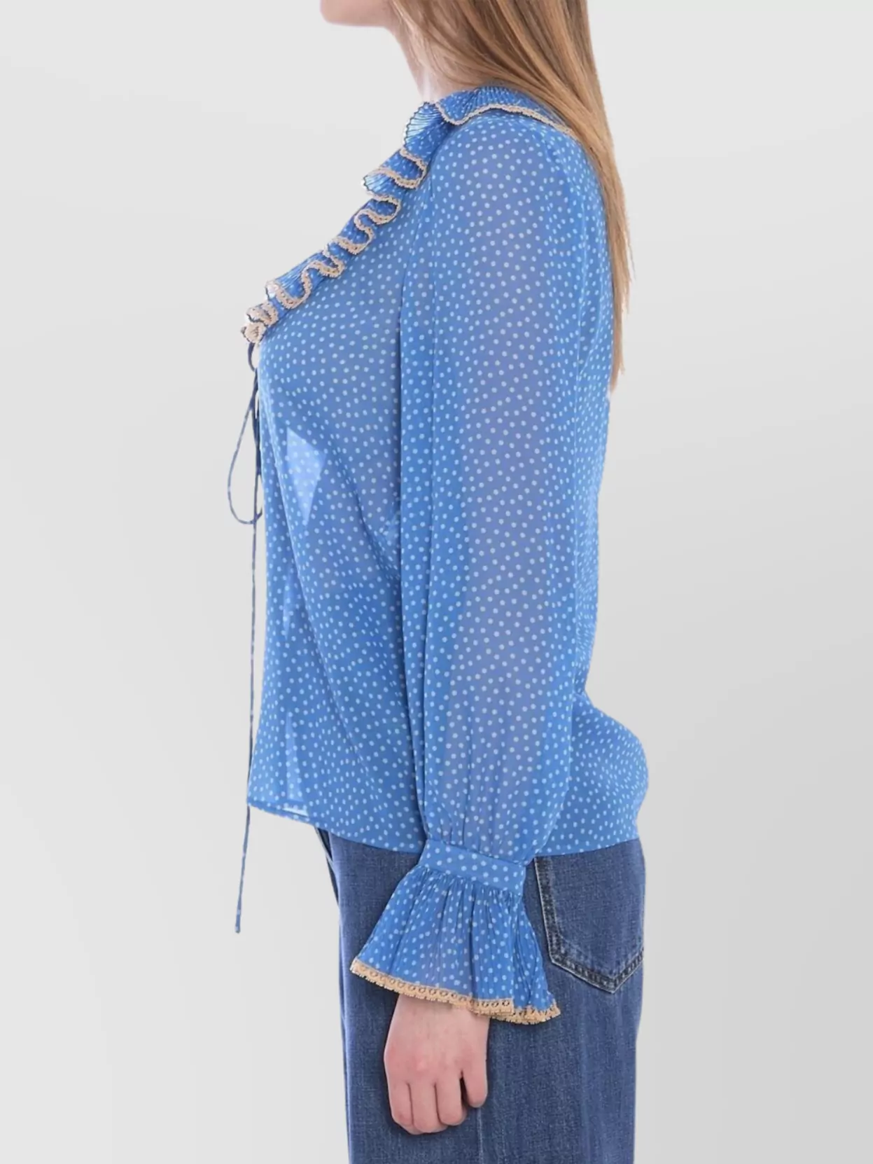 Shop Valentino Ruffled Neckline Sheer Fabric Lace Trim Top
