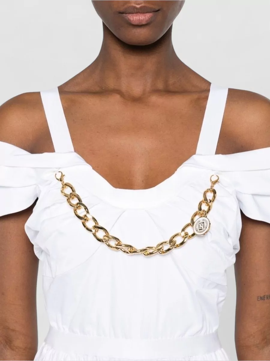 Elisabetta Franchi Off Shoulder Midi Dress Chain Detail
