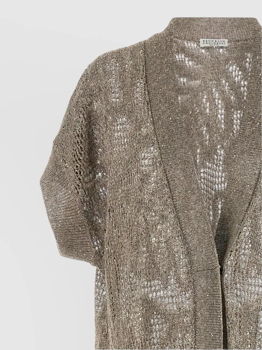 Brunello Cucinelli Linen Blend Mesh Knit Long V-Neck Short-Sleeve Cardigan
