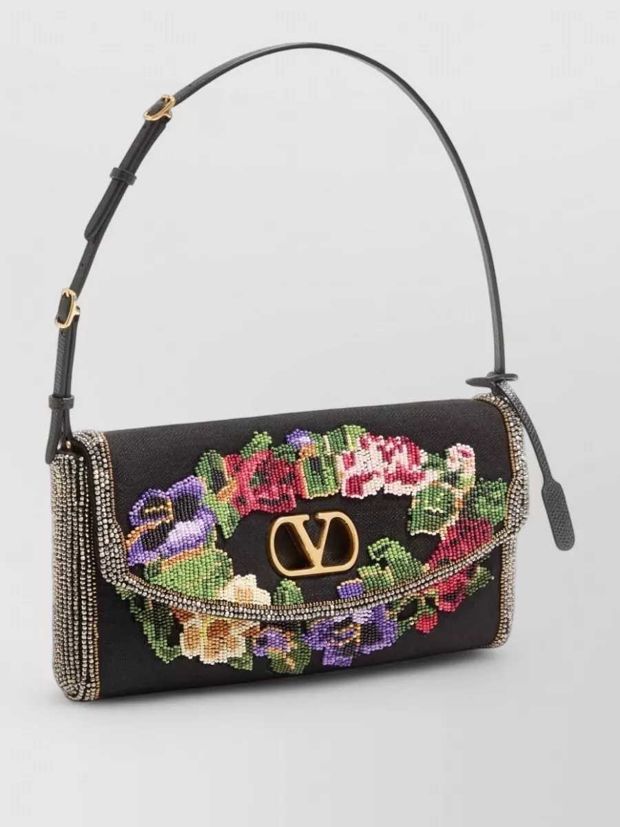 Valentino Garavani De Vain Small Linen Embroidered Shoulder Bag