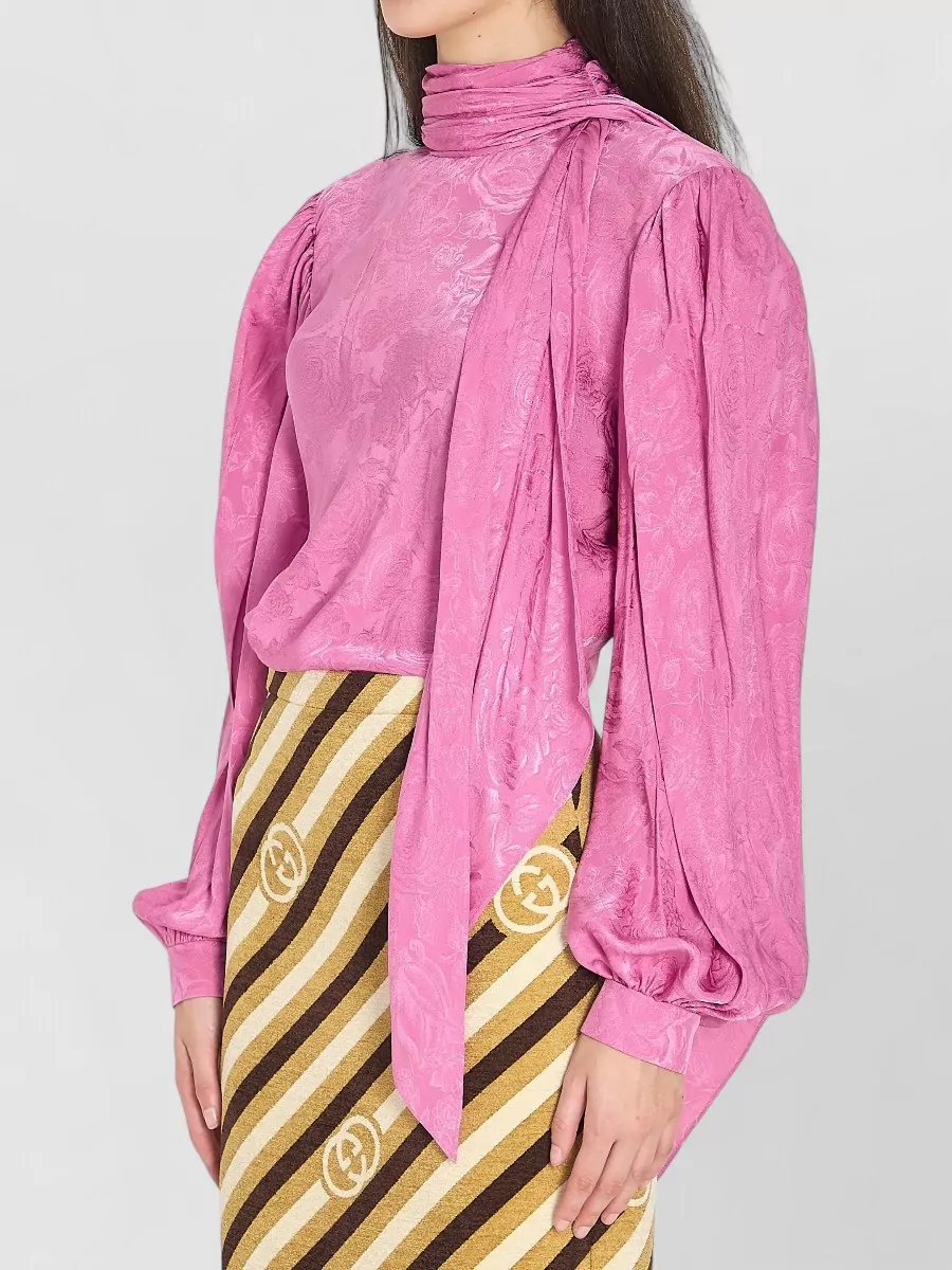 Gucci Silk Twill Shirt Neck Bow Rose Pattern
