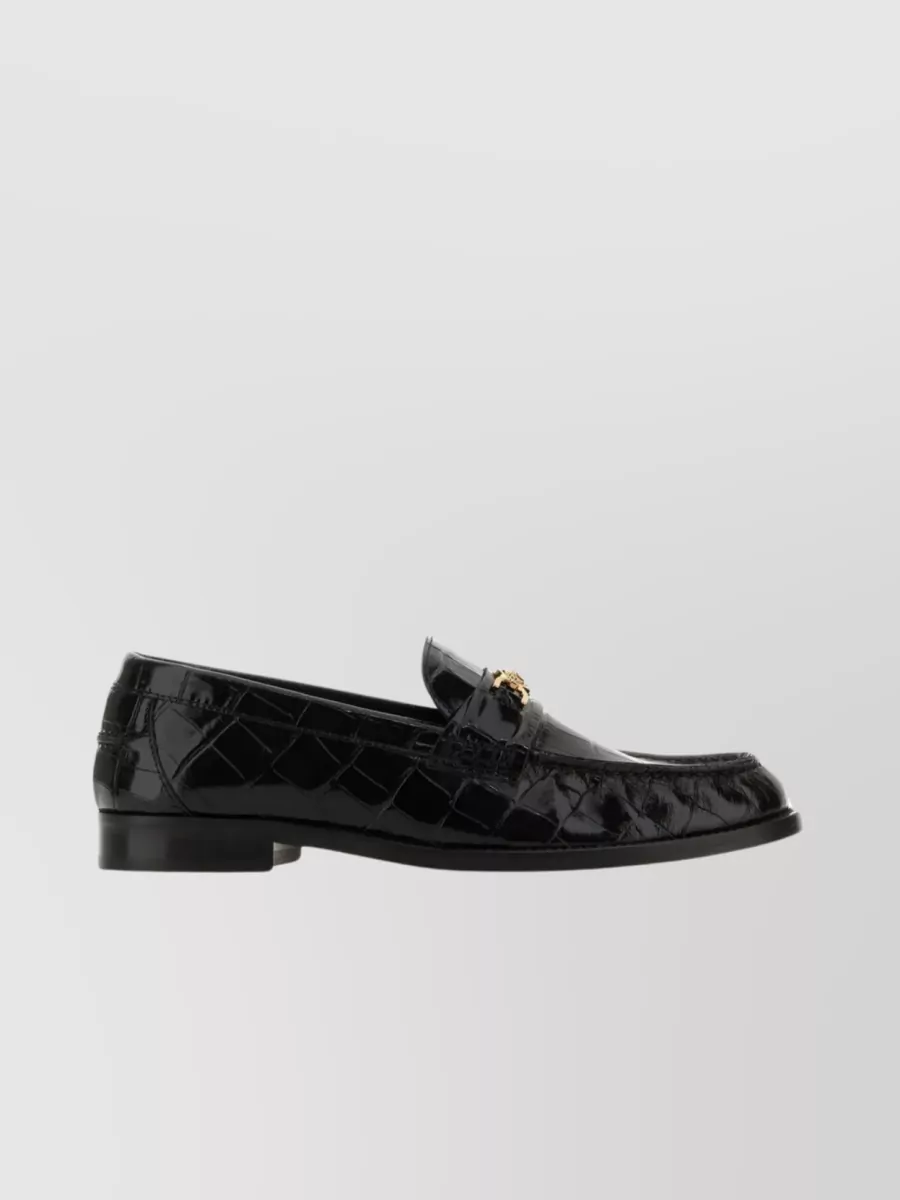 Shop Versace Medusa '95 Loafers In Embossed Crocodile Leather In Black