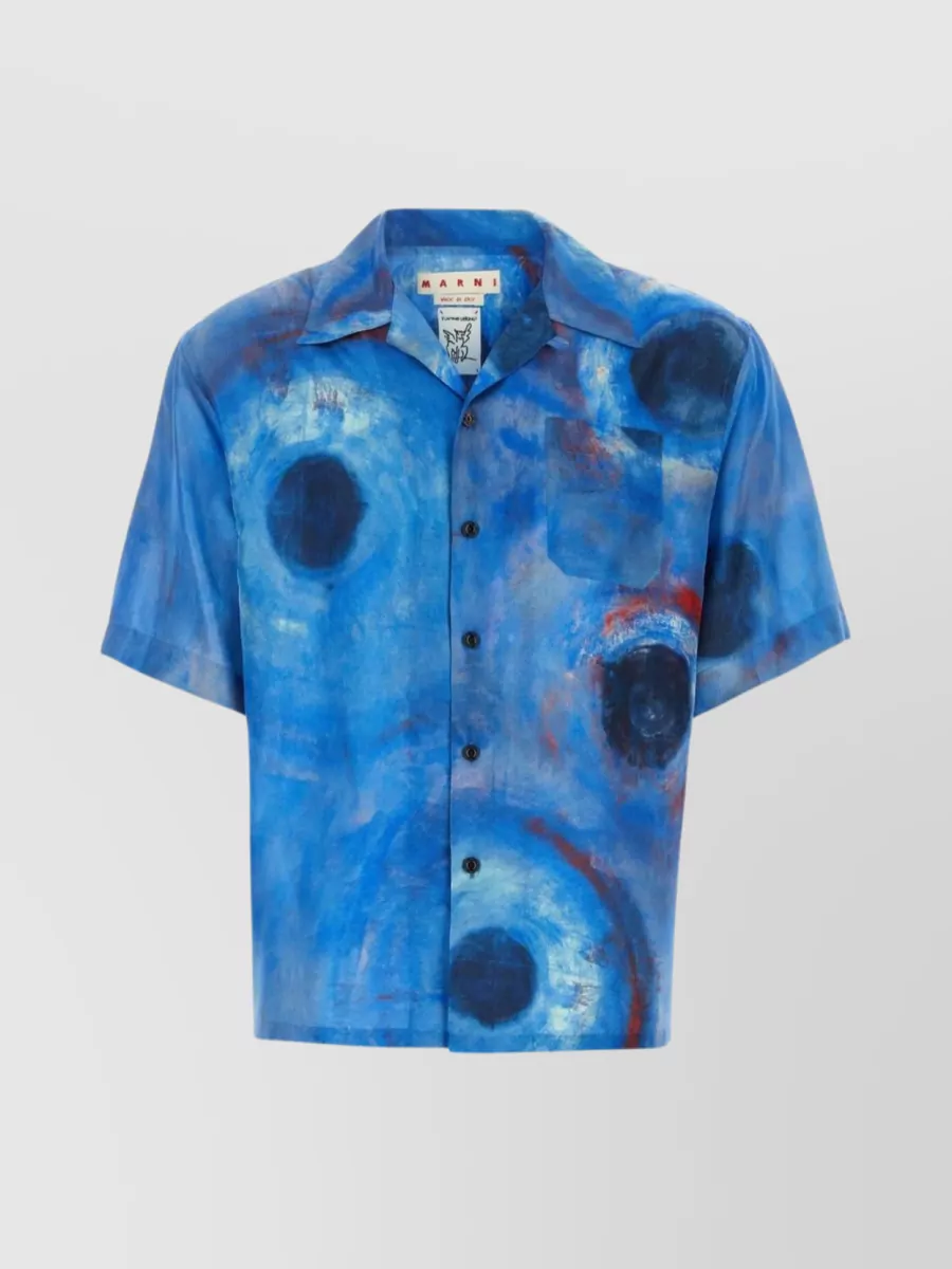 Shop Marni Silk Print Short Sleeve Shirt In Blue