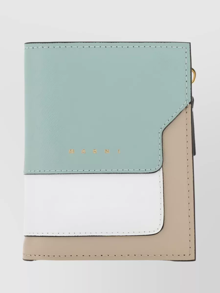 Shop Marni Grained Leather Bifold Wallet With Zip Compartment In Cyan