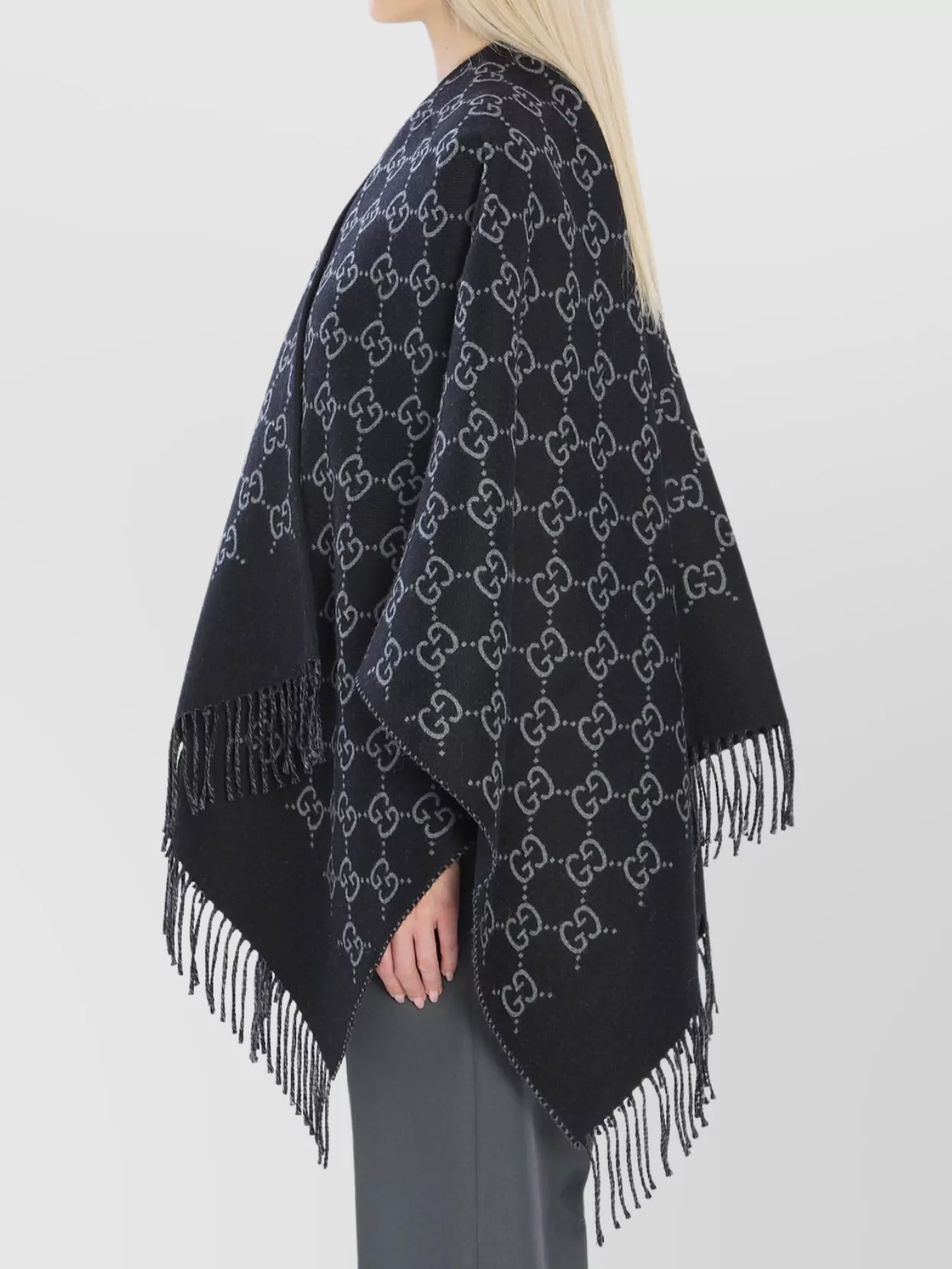 Gucci Black Cape With Fringed Hem In Gg Wool Jacquard Woman In Black