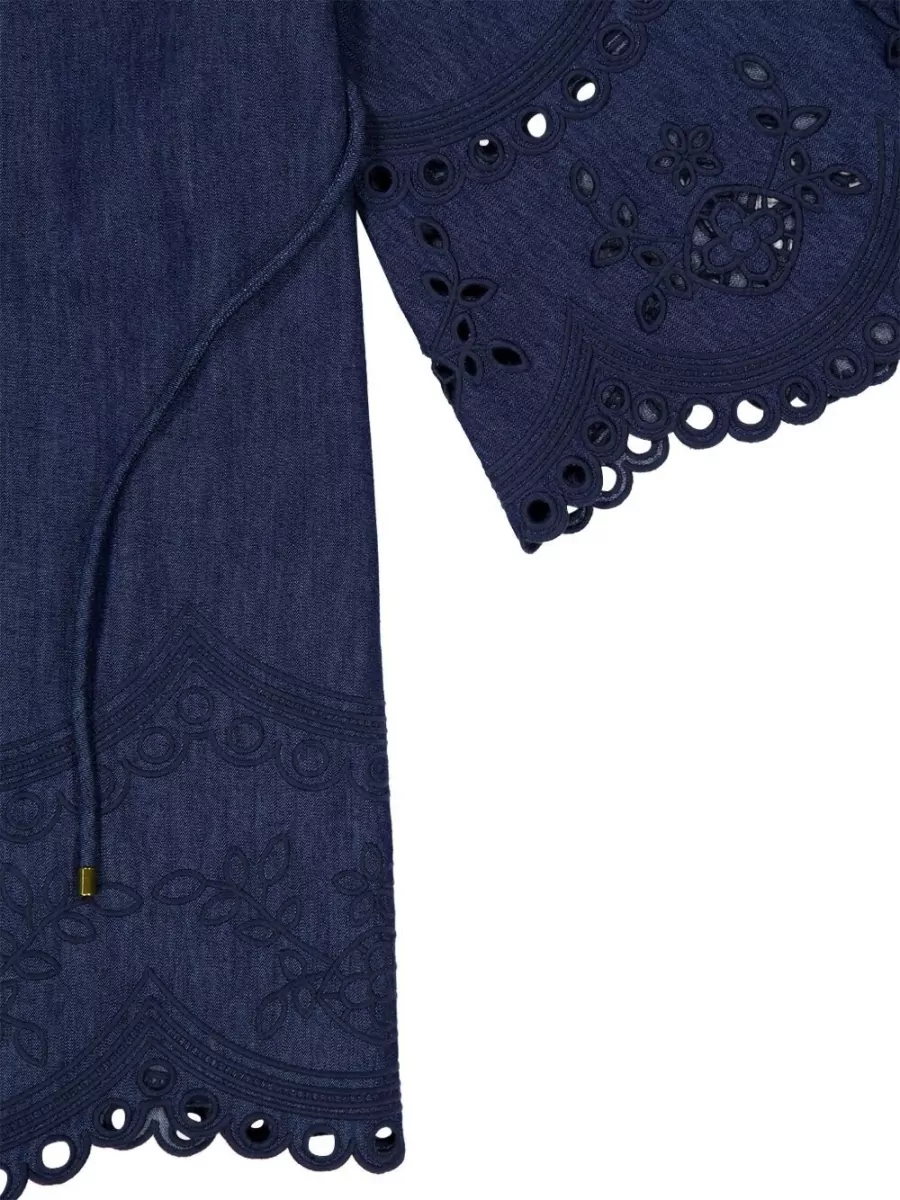 Zimmermann Denim Broderie High-Neck Mini Dress