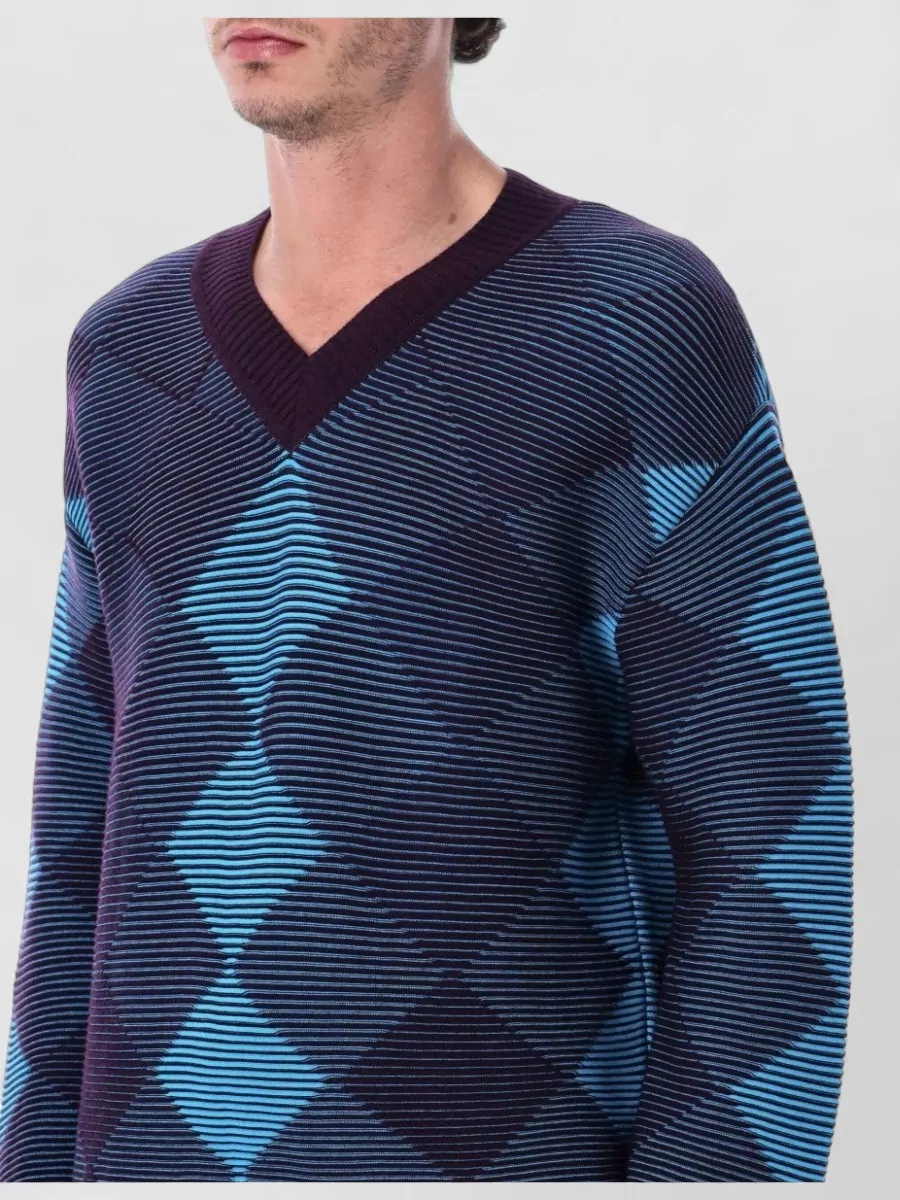 Dries Van Noten Fine-Knit Argyle V-Neck Sweater