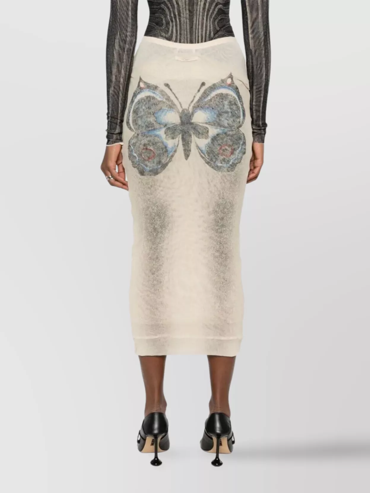 Jean Paul Gaultier Mesh Skirt Double Layer Printed Tattoo Rose & Bird In Neutral