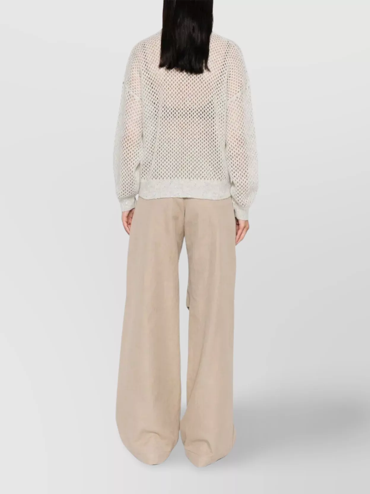 Brunello Cucinelli Wool Sweater Mesh Design Subtle Shimmer In White