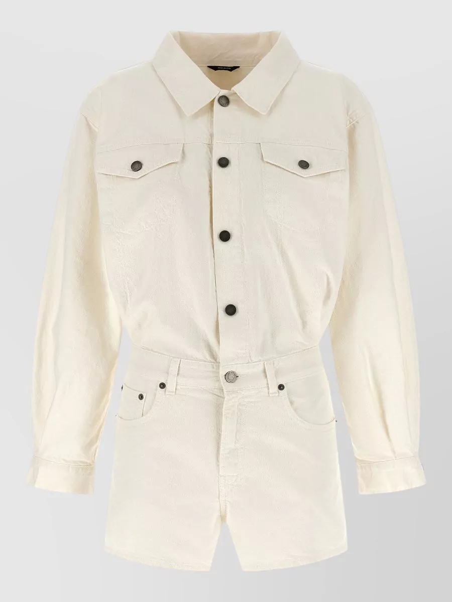 Haikure Denim Belted Long-Sleeve Short Jumpsuit