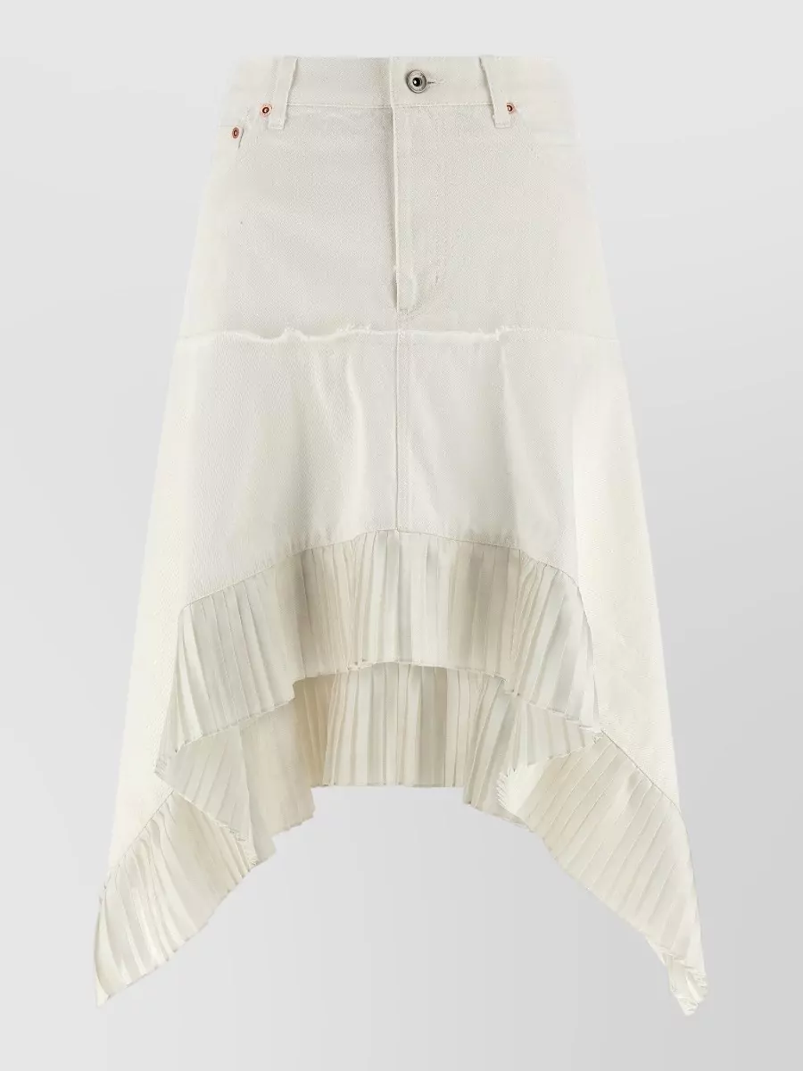 Sacai paneled asymmetric pleated midi denim skirt