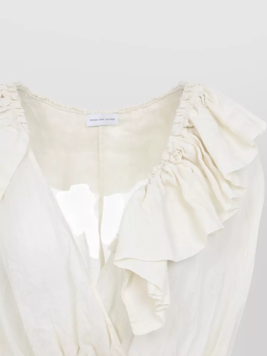 Dries Van Noten Ramie V-Neck Ruffled Sleeveless Asymmetric Blouse