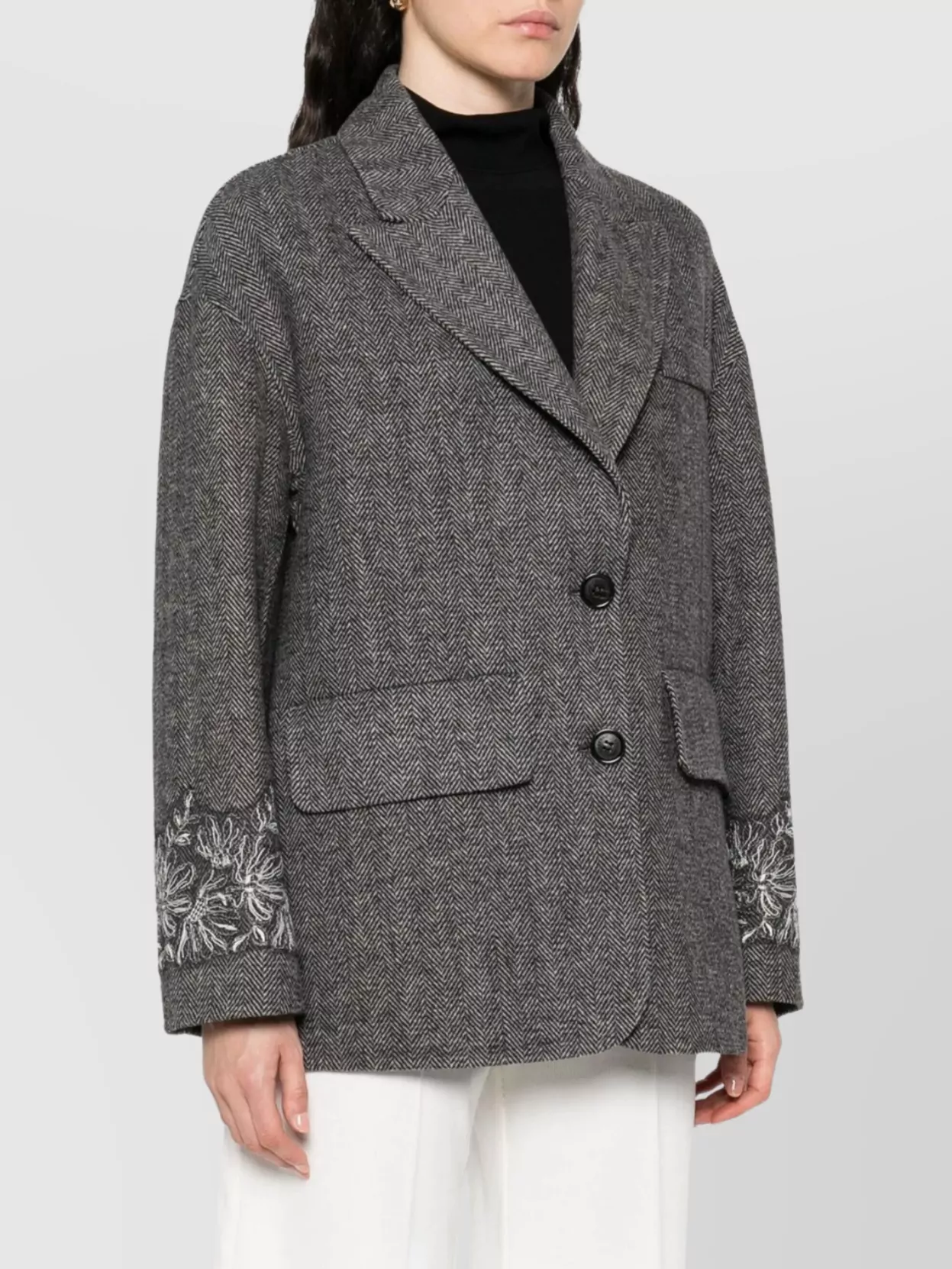 Ermanno Firenze Herringbone Coat Featuring Embroidered Cuffs