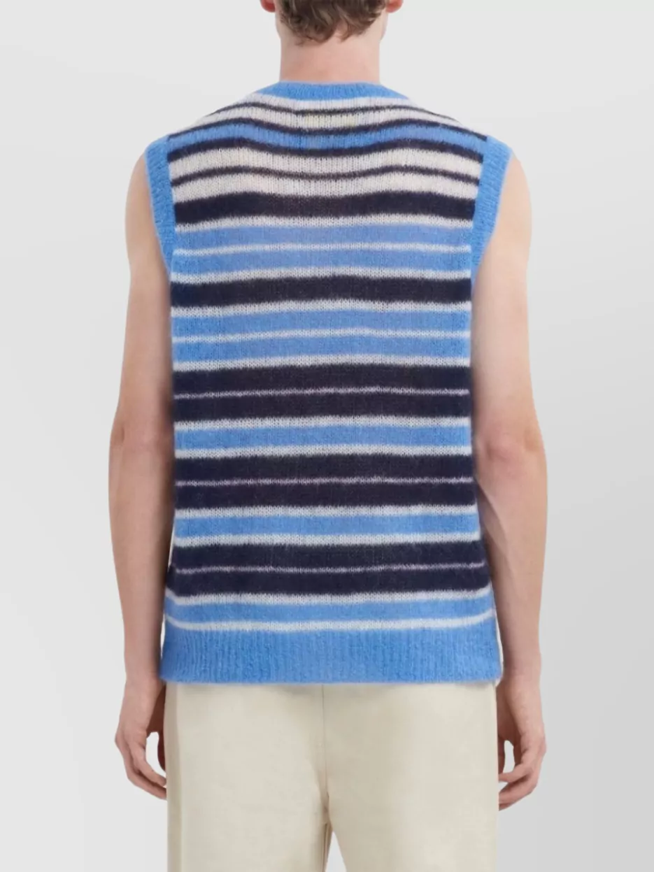 Marni Mens Striped-print V-neck Relaxed-fit Wool-blend Vest Blue Lilac