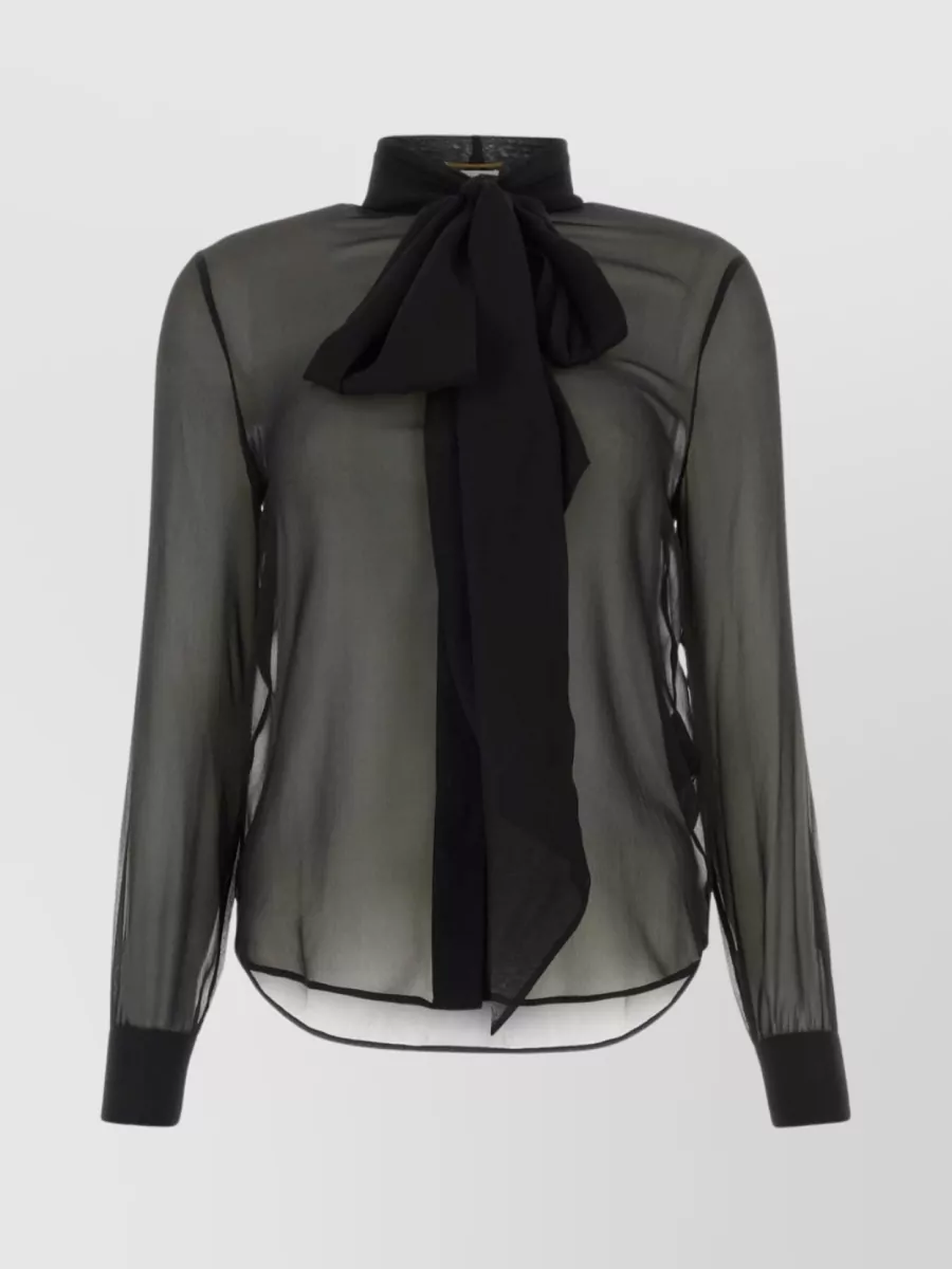 Shop Saint Laurent Sheer Fabric Shirt With Bow Collar In Grey