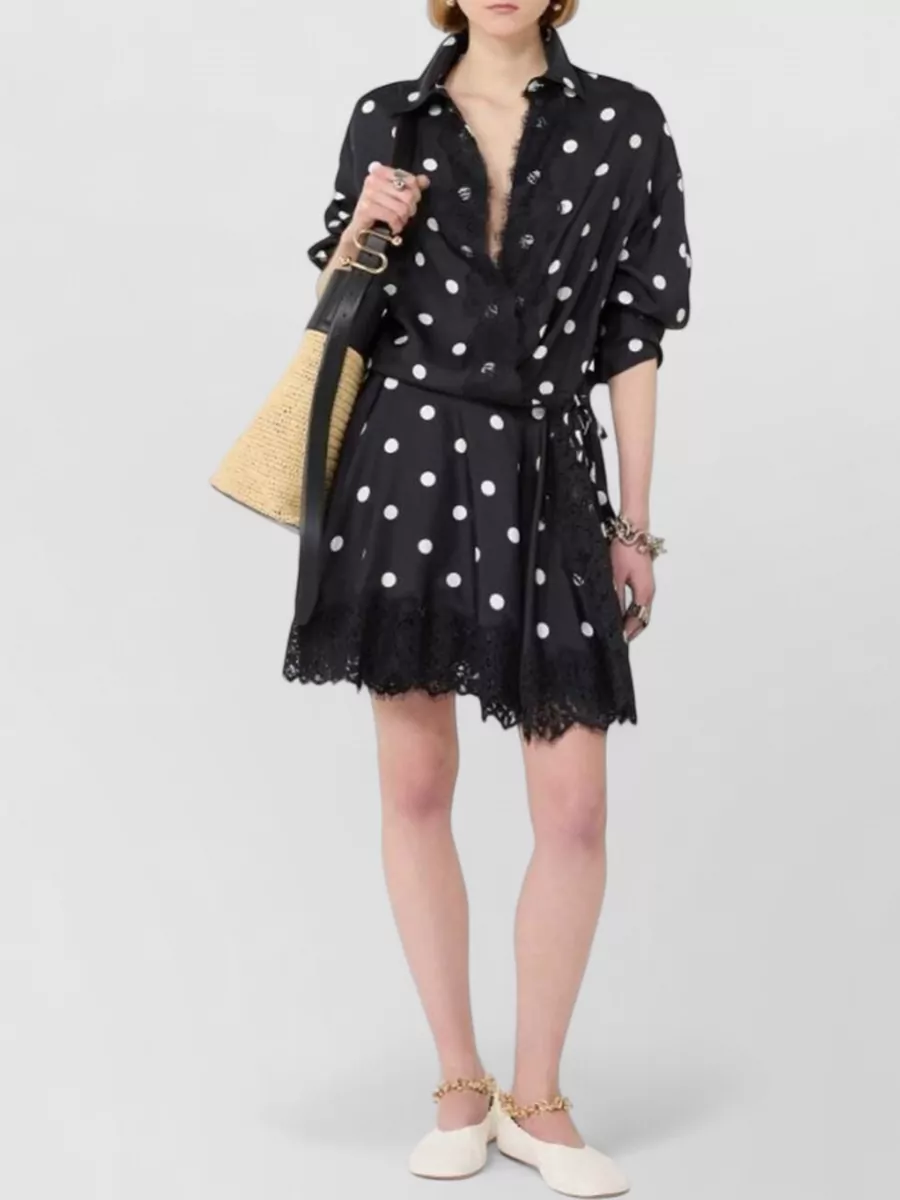 Sportmax Silk Polka-Dot Lace-Trim Wrap Mini Shirt Dress