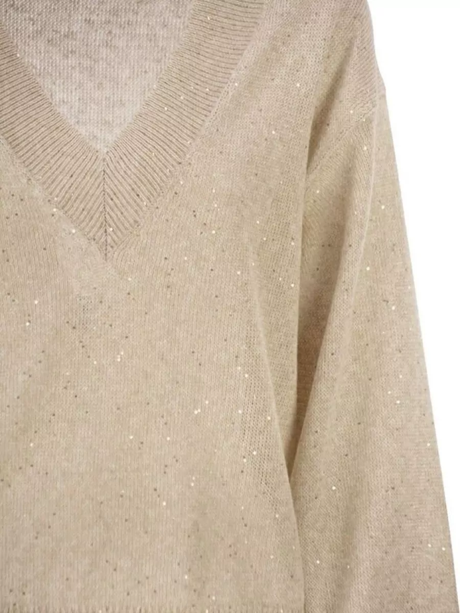 Brunello Cucinelli Linen V-Neck Long-Sleeve Jumper