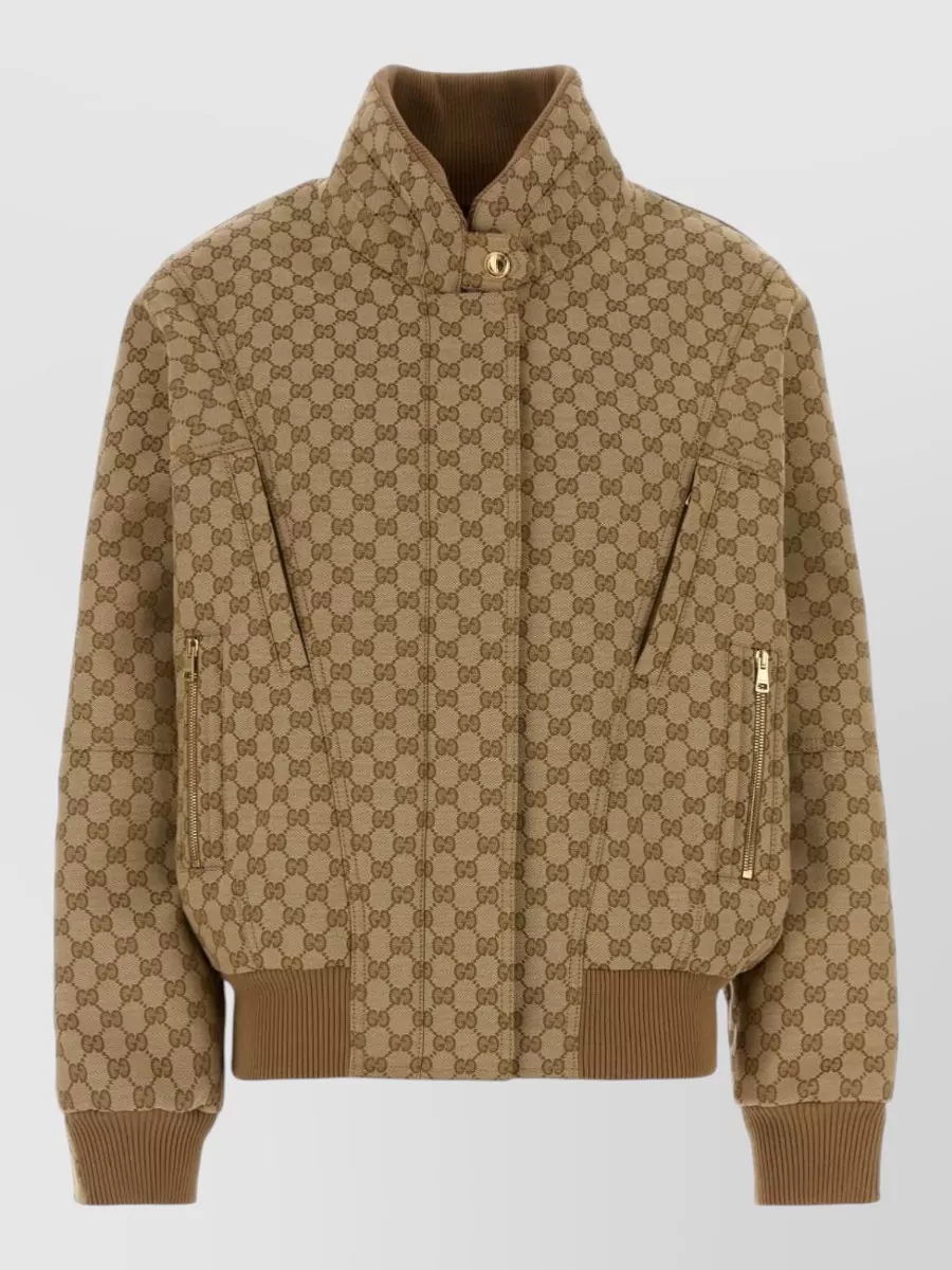 Gucci Jacquard Bomber Jacket High Collar Pattern In Brown