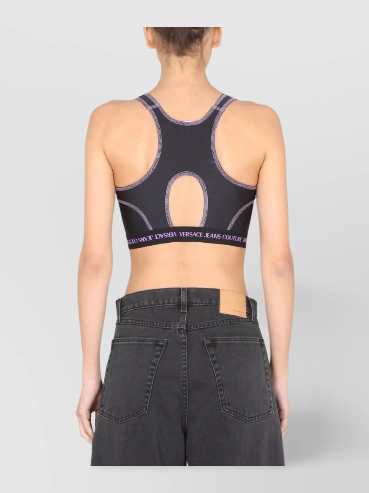 Versace Jeans Couture Logo Band Crop Top With Contrast Stitching In Black